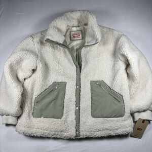 Levi's Women Sherpa Jacket XL Cream Full Zip Fleece Pockets Casual Cozy Winter